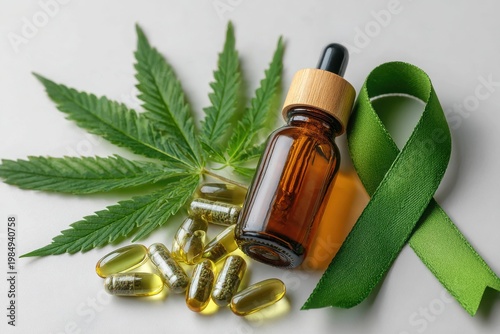 Cannabis capsules and tincture bottle arranged on a flat lay with green ribbon and leaves, showcasing medical marijuana products for health and wellness