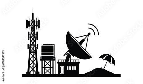 A striking black silhouette depicts communication towers a satellite dish building and a beach scene with a parasol silhouette high quality professional detailed modern