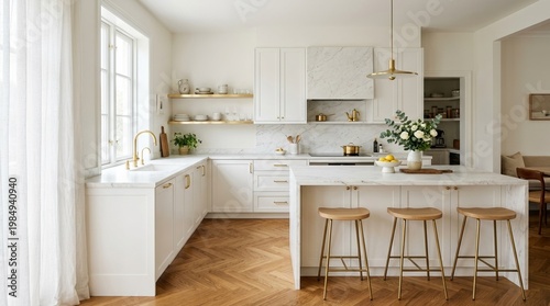 Modern white kitchen with gold hardware and herringbone oak flooring. Realistic interior photography, minimalist luxury aesthetic,