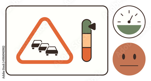 Traffic management, congestion control, transportation safety, driver experience, environmental monitoring, vehicle flow. Warning sign with cars, a gauge and a neutral emotion face. Traffic