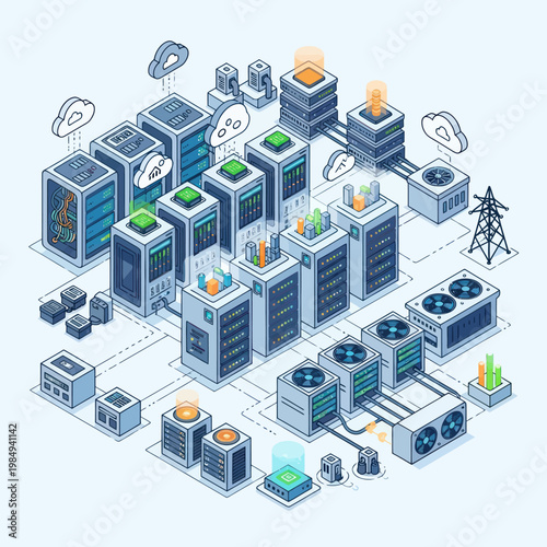 Isometric Data Center Illustration - Servers, Cooling, and Power Infrastructure.