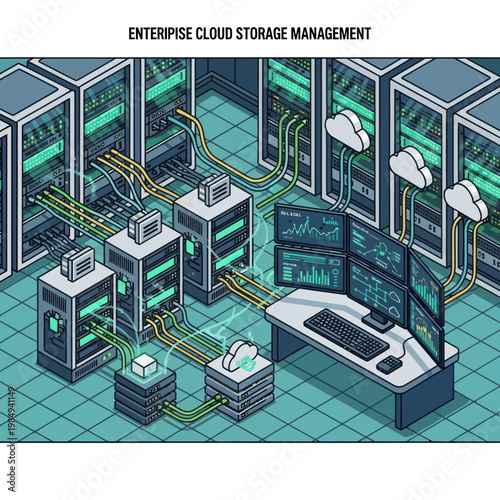 Enterprise Cloud Storage Management System Isometric Illustration.