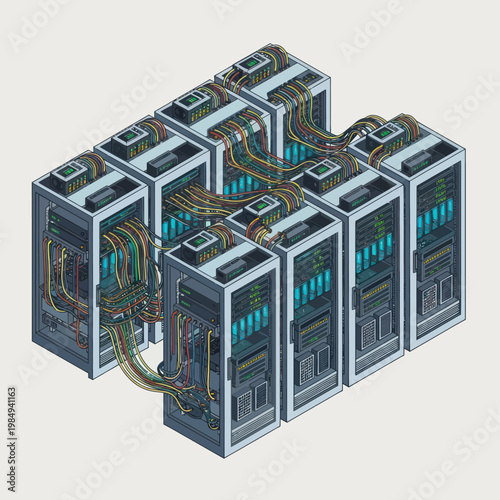 Isometric View of a Server Room with Multiple Connected Racks.