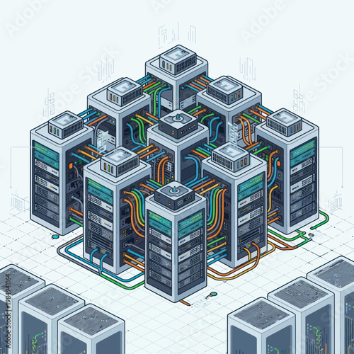 Isometric Server Room Illustration - Data Center Network Infrastructure.