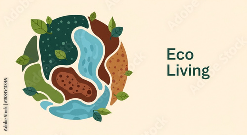 Abstract circular vector illustration representing a stylized earth with diverse land, water, and green leaves, symbolizing eco living, sustainability, and environmental harmony on a beige background.