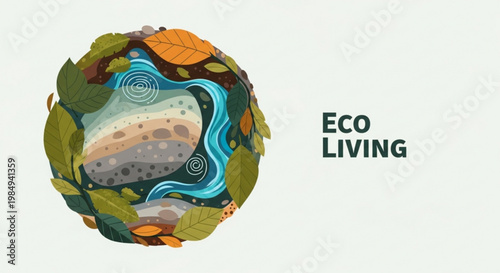 Organic eco living concept with a circular earth illustration featuring flowing water, lush leaves, and natural elements, promoting sustainability.