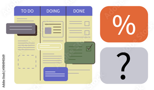 Task management, productivity, workflow systems, project organization, goal tracking, efficiency. Kanban board with to-do lists and completion symbols. Task management and workflow systems concept