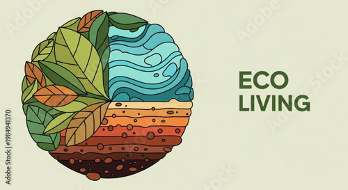 Structured eco living concept displaying earth's elements: vibrant leaves, flowing water, rich soil, and layered ground, symbolizing sustainability.