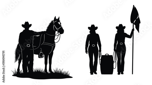 Wild west figures with horse and luggage a striking silhouette