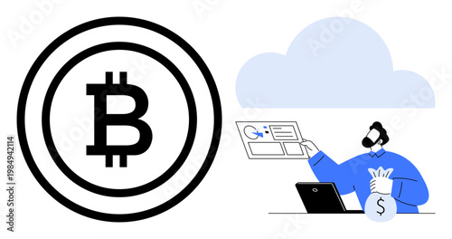 Cryptocurrency, digital currency, blockchain, financial management, online transactions, e-wallets. Bitcoin logo with a man using a laptop holding a money bag. Cryptocurrency and digital currency