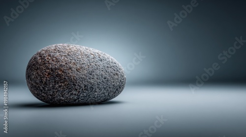 Smooth river stone with soft texture placed on a foggy grey gradient background, illuminated gently, creating a serene atmosphere with copy space for design