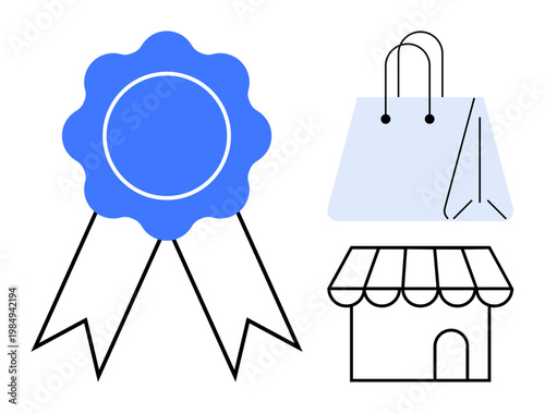 Quality assurance, retail business, shopping convenience, customer satisfaction, small business, and commerce. Blue ribbon, shopping bag and store icon illustration. Quality assurance and retail