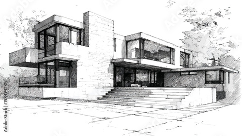Architectural sketch of a contemporary modern house exterior. Detailed hand-drawn illustration featuring minimalist design, large windows, and multiple levels.