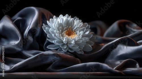 Elegant white chrysanthemum rests atop dark satin fabric folds, illuminated by soft rim light, creating a serene and calming atmosphere with gentle contrasts