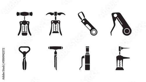 Collection of various corkscrew and bottle opener icons in a simple thin line style