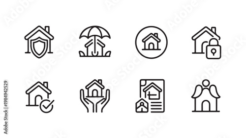 Set of house insurance and home security line icons featuring protection and safety symbols
