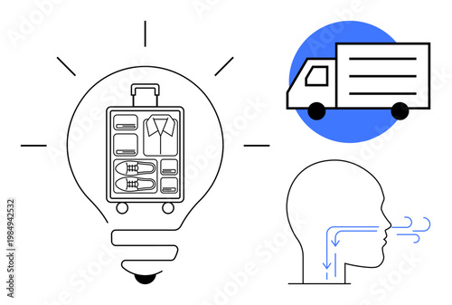 Logistics, travel organization, supply chain, transportation, innovation, health systems. Lightbulb with luggage, truck icon breathing flow diagram. Logistics and travel organization concept