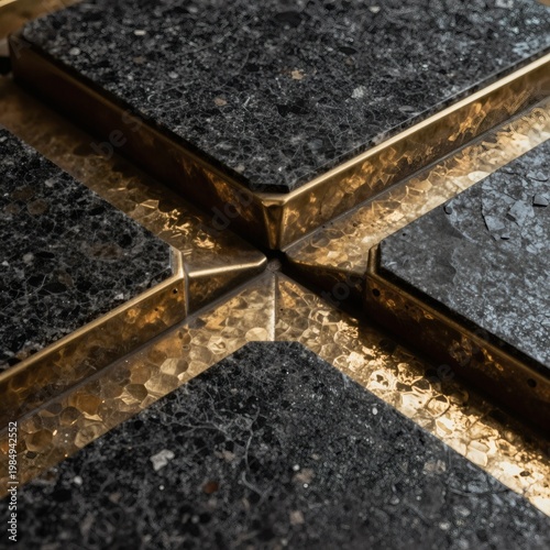 Luxury Abstract Background of Dark Basalt Stone Tiles with Hammered Brass Edges and Gold Accents