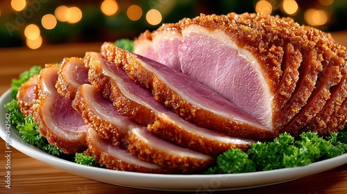 Perfectly sliced roasted ham served on a white platter, garnished with fresh green parsley. Warm, blurry background lights suggest an evening holiday feast or festive gathering