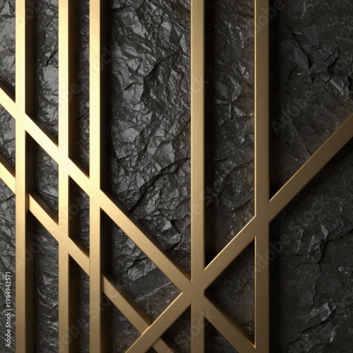 Abstract 3D Render of Polished Gold Lattice over Dark Basalt Stone Background with Copy Space
