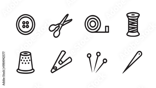 A collection of minimalist black and white line art icons depicting various common sewing tools.