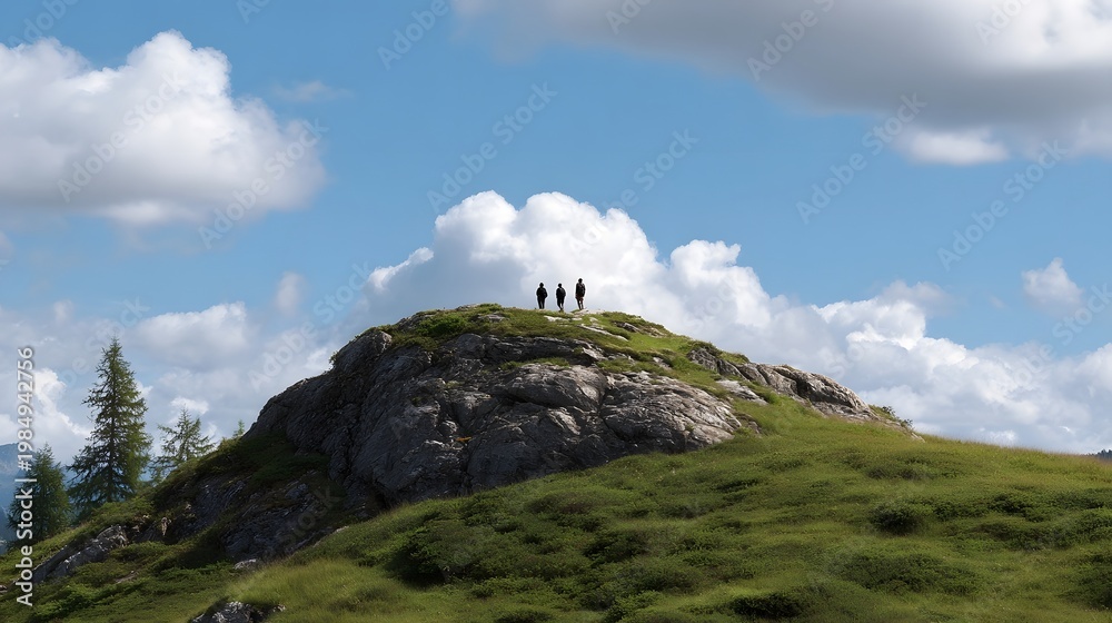 Fototapeta premium Three figures stand on a rocky hilltop overlooking a vast green landscape beneath a dramatic blue sky with scattered white clouds