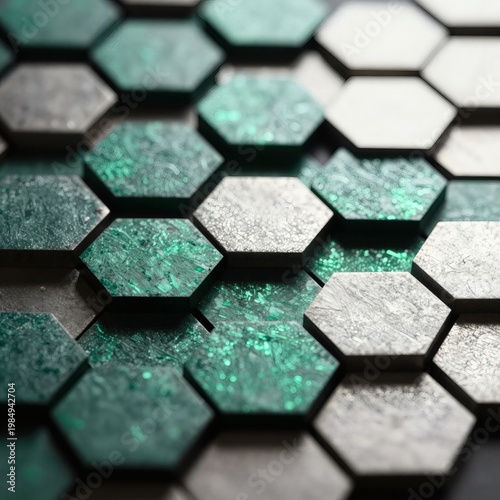 Abstract 3D Emerald and Silver Hexagon Pattern Macro Shot Luxury Geometric Background with Copy Space