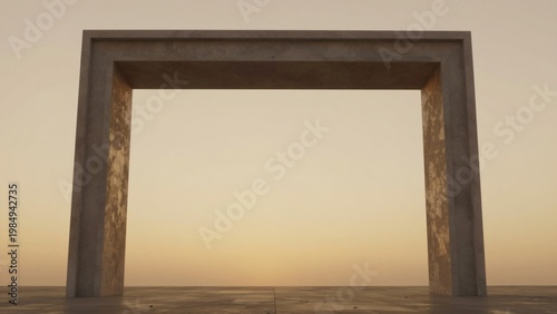 Minimalist Symmetrical Stone Archway Portal at Golden Dusk with Copy Space Background for Web Banner