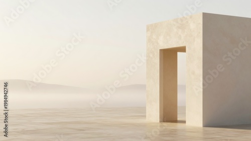 Minimalist Cream Architectural Portal with Misty Gold Horizon and Copy Space for Background Banner