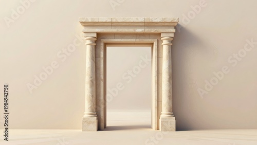 Symmetrical Classical Stone Archway Portal in Abstract Cream Minimalist Background with Copy Space