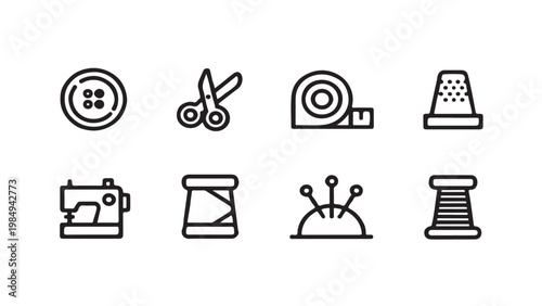 A collection of minimalist black and white line art icons depicting various common sewing tools.