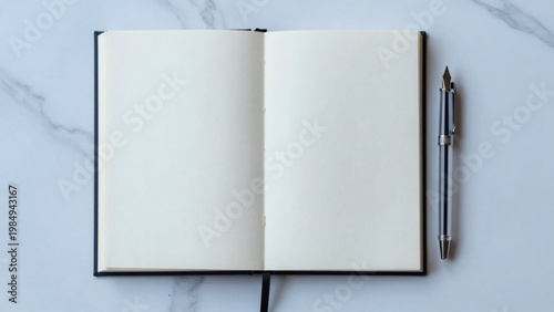 Minimalist Flat Lay Open Blank Journal and Pen on White Marble Surface with Copy Space