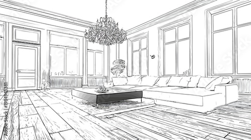 Detailed architectural line art drawing of a modern classic living room interior with elegant furniture and chandelier
