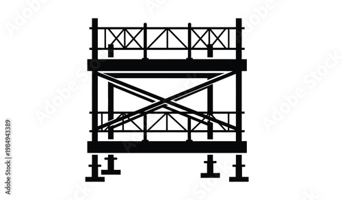 A stark black silhouette depicts a multi tiered scaffolding structure with cross bracing appearing industrial and geometric silhouette high quality professional detailed modern elegant