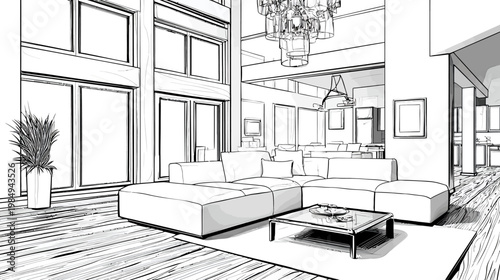 Detailed architectural line drawing of a spacious, modern luxury living room interior with a large sectional sofa and elegant chandelier