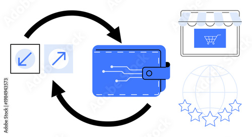 Digital payment systems, global trade, financial technology, e-commerce, online transactions, business processes. Blue wallet, arrows indicating movement shopping cart globe stars. Digital payment
