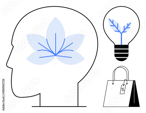 Creativity, innovation, eco-friendly design, shopping habits, sustainability, mindfulness. Silhouette head with brain flower, light bulb shopping bag. Creativity and innovation concept