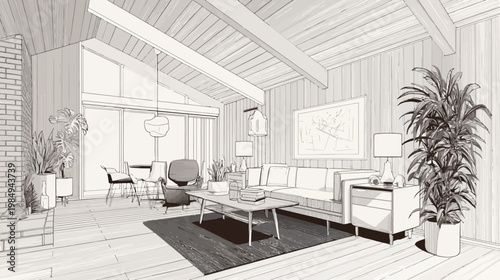 Detailed mid-century modern living room interior sketch with vaulted ceiling, exposed beams, and open concept dining area illustration.