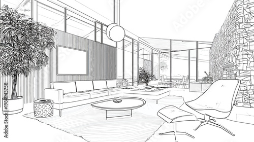 Architectural line art sketch of a spacious modern living room interior design with contemporary furniture and large windows.