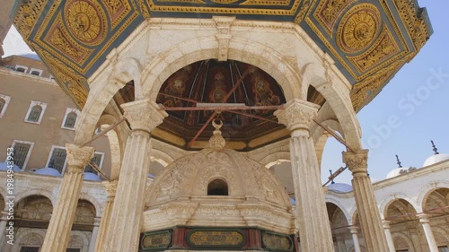 Ornate Islamic architectural details inside a historic mosque in Cairo, Egypt, captured in slow motion 4K during travel.