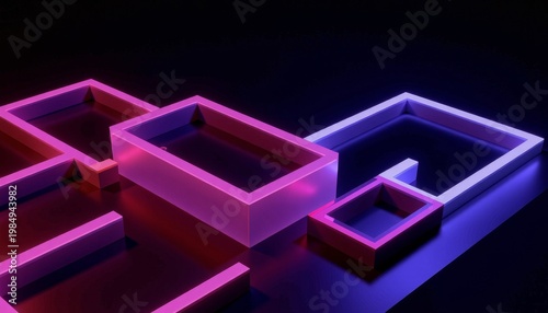 Vibrant Geometric Illumination: Abstract Neon Shapes in Pink and Blue Glow Against a Deep Black Background, Creating a Futuristic Aesthetic