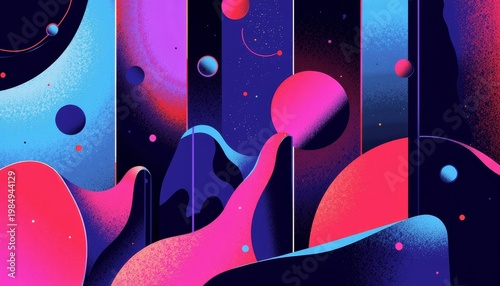 Colorful Abstract Space-Themed Artwork with Geometric Shapes and Celestial Patterns in Vibrant Purple, Pink, and Blue Hues Illustrating a Futuristic Cosmos