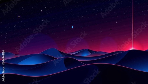 Vivid Sci-Fi Landscape Portraying Futuristic Waves and Luminous Horizon under a Dazzling Star-filled Sky with Radiant Beams and Cosmic Elements