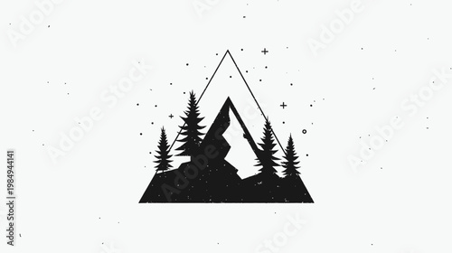 Minimalist geometric mountain and forest illustration. Black and white nature landscape with evergreen trees in a triangular frame.