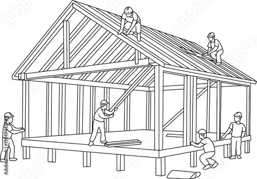 Construction workers house frame illustration, linear outline of builders using ladders assembling wooden structure for housing development and architecture design.