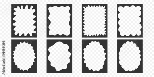 Modern mask frame set. Organic silhouettes with scalloped and fluid borders. Black and white flat minimalist vector. Great for photo placeholders, banner, social media template, stickers, packaging