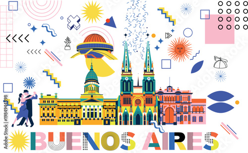 Buenos Aires culture travel night set, famous architectures specialties in flat design. Business Argentinian tourism concept clipart. Image presentation, banner, website, advert, flyer, roadmap, icon