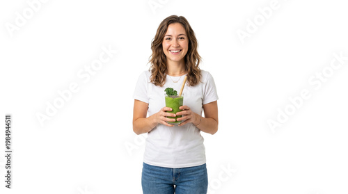 Smiling woman holding a green smoothie, promoting healthy living. isolated on a white background. PNG