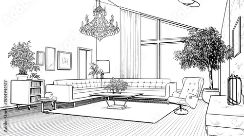 Contemporary living room interior design line art illustration. Modern home decor sketch with sofa, plants, large windows, and chandelier.