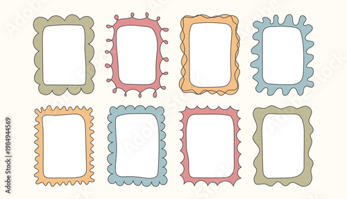 Collection of quirky rectangle frames, uneven contours, sketchy line art. Retro pastel tones, minimal doodle flat vector style. Ideal for tags, invitations, social posts, scrapbooking, poster, card